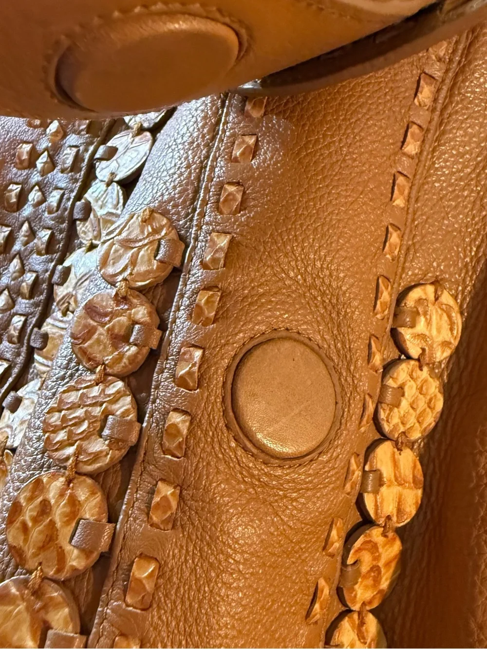 Isabella Fiore Vintage Cognac Brown Leather Whipstitch Applique Hobo Bag